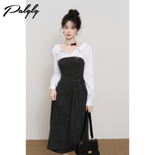 新款 法式 秋季 连衣裙女长袖 高级感温柔风气质针织长裙 拼接条纹衬衫