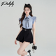 短裤 学院风休闲时尚 高级感甜美小个子蓝色条纹衬衫 夏季 两件套 套装