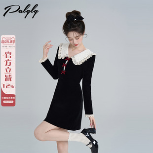 赫本风娃娃领黑色丝绒连衣裙女冬装 气质名媛拼接蕾丝裙 高级感法式