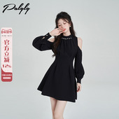 赫本风挂脖长袖 连衣裙女早春季 高级感气质露肩收腰黑色a字千金裙