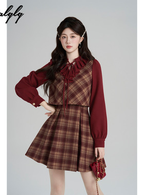 Palglg荷叶边v领红色格子连衣裙女冬季高级感假两件圣诞穿搭a字裙