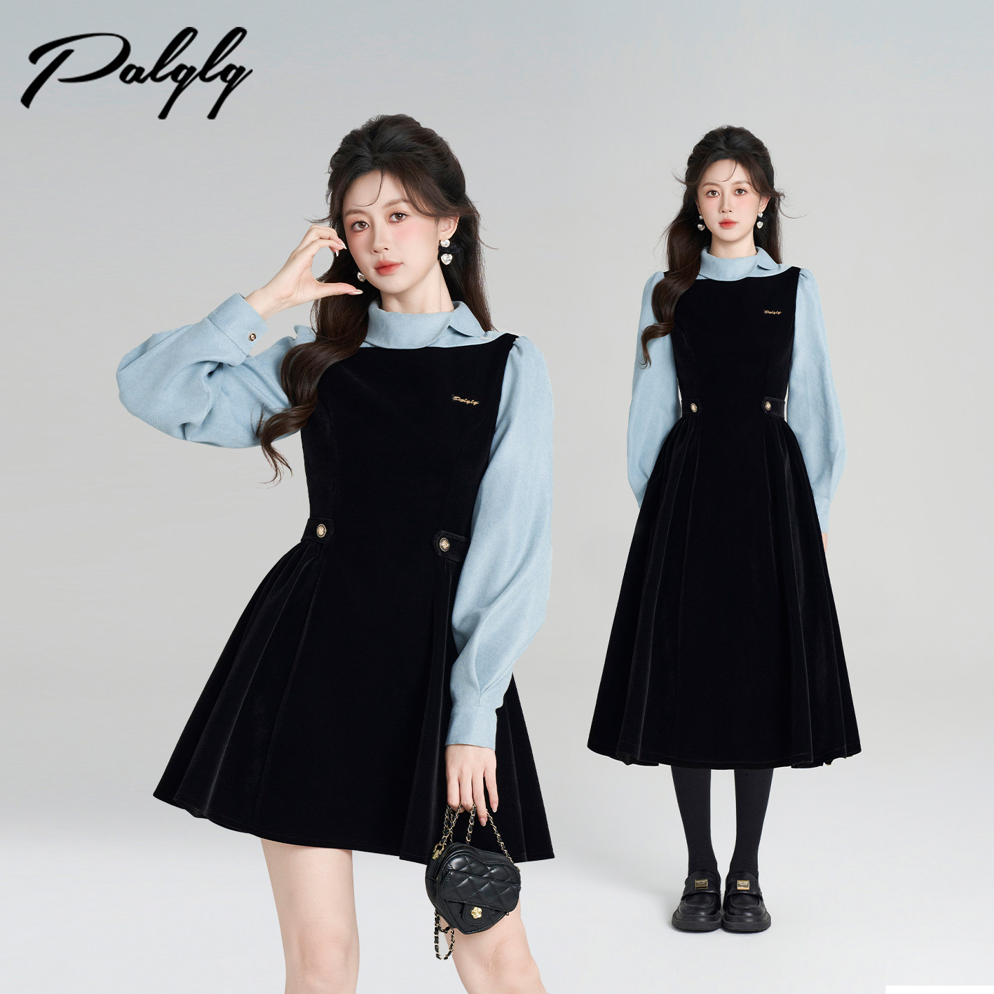 Palglg高级感黑色丝绒赫本连衣裙女冬季假两件miu系千金风收腰裙