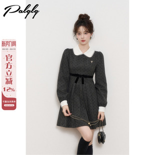 高级感小香风收腰百褶娃娃裙 新款 法式 miu系灰色波点连衣裙女秋季