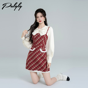 法式复古红色格纹拼接吊带连衣裙女装新款设计感甜美圣诞穿搭裙子