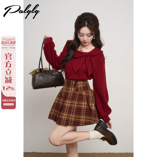 小众圆领红色套头毛衣女外穿秋冬