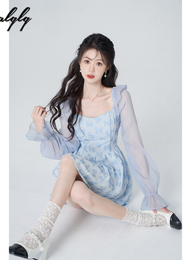 【清仓价】蝴蝶结印花法式蓝色方领连衣裙女高级感仙女收腰a字裙