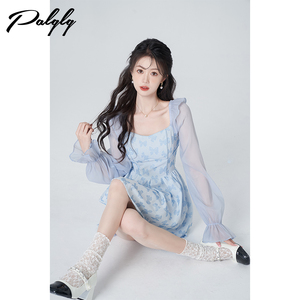 【清仓价】蝴蝶结印花法式蓝色方领连衣裙女高级感仙女收腰a字裙