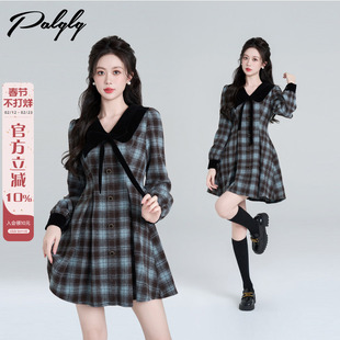 法式 学院风复古内搭收腰a字裙 娃娃领蓝色格子绝美连衣裙女秋冬季