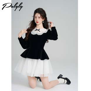 Palglg富家千金风圆领黑色丝绒连衣裙女冬季小香风拼接蕾丝网纱裙