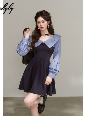 藏蓝色假两件长袖衬衫连衣裙女秋季新款设计感小众收腰显瘦v领裙