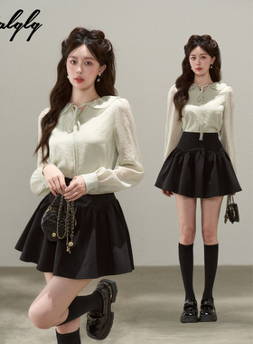 甜美娃娃领绿色长袖衬衫女秋季高级感轻奢减龄洋气设计感小衫上衣