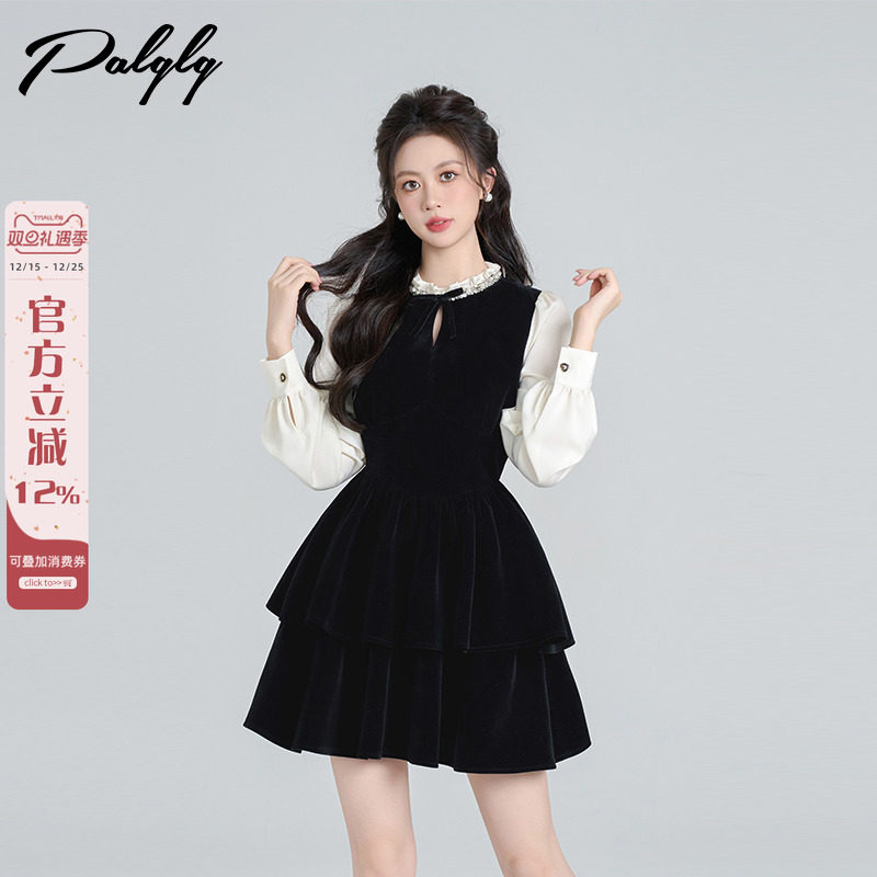 赫本风黑色丝绒假两件连衣裙女