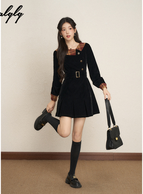 Palglg富家千金风黑色丝绒连衣裙女秋冬高级感法式收腰漂亮a字裙
