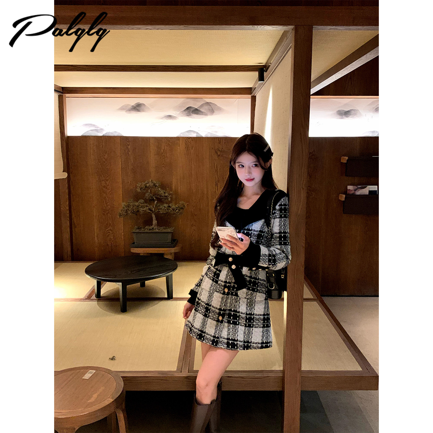 Palglg小香风黑白格子海军领毛呢外套女冬季高级感甜美中长款大衣