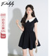 高级感法式 赫本风翻领掐腰短袖 黑色连衣裙女夏季 显瘦千金风小黑裙