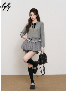 法式miu系灰色开衫毛衣外套女秋冬季高级感拼接网纱短款针织上衣