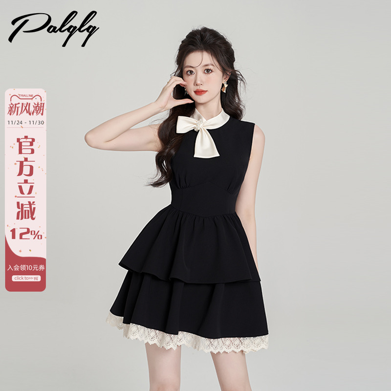 法式富家千金黑色挂脖连衣裙