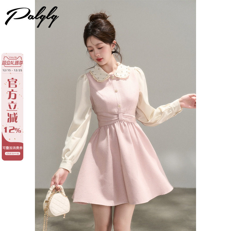 气质甜美娃娃领粉色连衣裙女秋