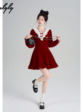 圣诞穿搭红色v领丝绒连衣裙女