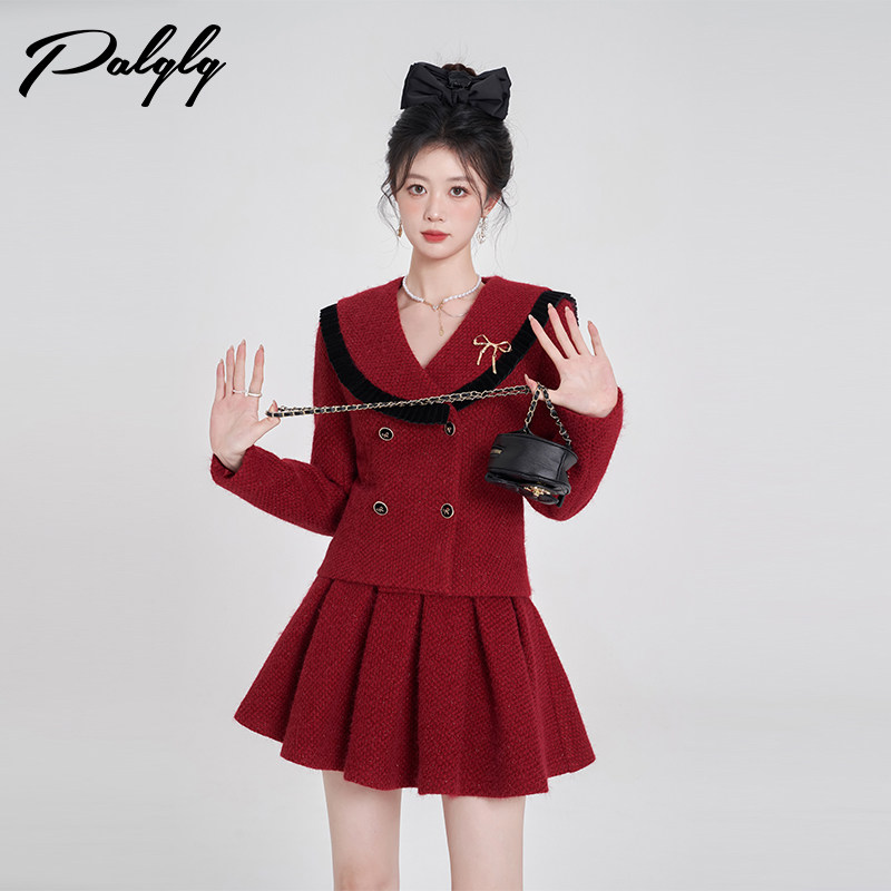 气质红色小香风短款外套时尚套装女2024冬季高级感半身裙两件套裙,女装/女士精品,短外套,淘宝优惠券,粉丝福利购,淘宝优惠卷