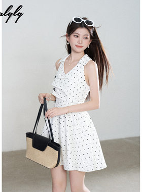 法式白色波点挂脖连衣裙女夏季