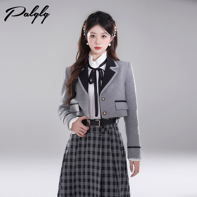 高级感灰色西装领短款外套女秋冬