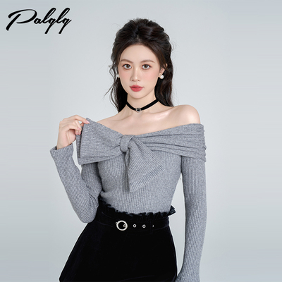 设计感小众灰色一字肩法式毛衣女