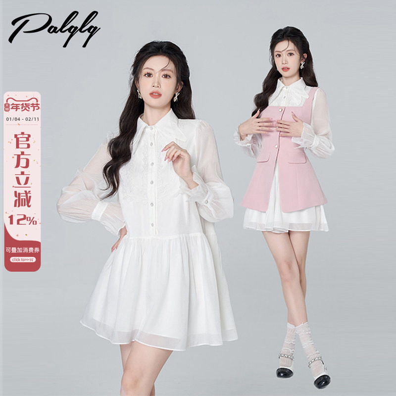 翻领白色长袖雪纺连衣裙女春装2025年新款设计感小众韩系甜美裙子