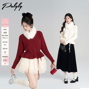Palglg圣诞红色圆领法式毛衣女秋冬季设计感小众新年短款针织上衣