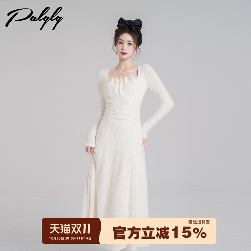 小香风白色方领针织连衣裙