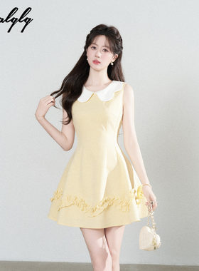 甜美娃娃领黄色无袖连衣裙女夏季