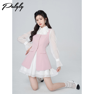 网纱公主裙子设计感吊带马甲甜美两件套装 蕾丝边衬衫 连衣裙女秋季