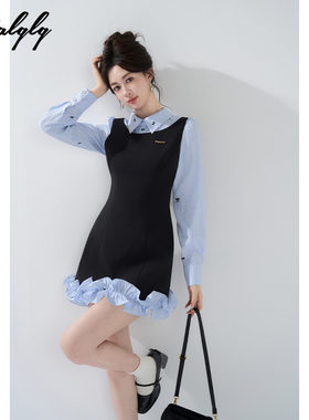 法式撞色假两件衬衫连衣裙女