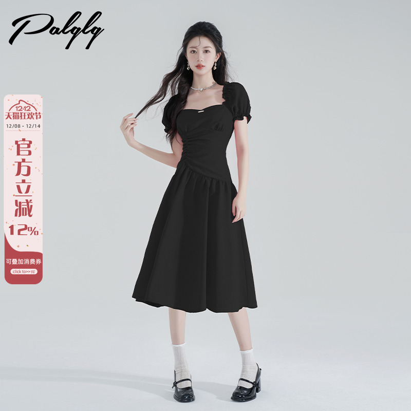 赫本风黑色泡泡袖连衣裙女