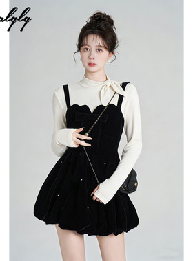 Palglg富家千金风黑色丝绒吊带连衣裙女冬季钉珠收腰花苞a字裙子