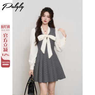 高级感miu系收腰学院风百褶裙子 秋季 法式 初恋灰色v领连衣裙女长袖