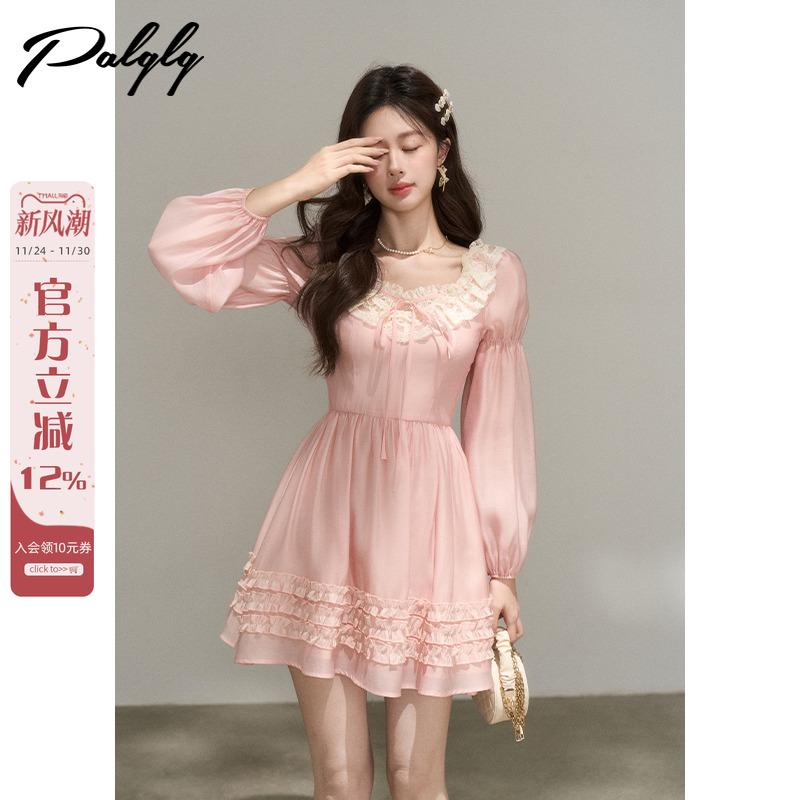 法式泡泡袖甜美方领粉色连衣裙