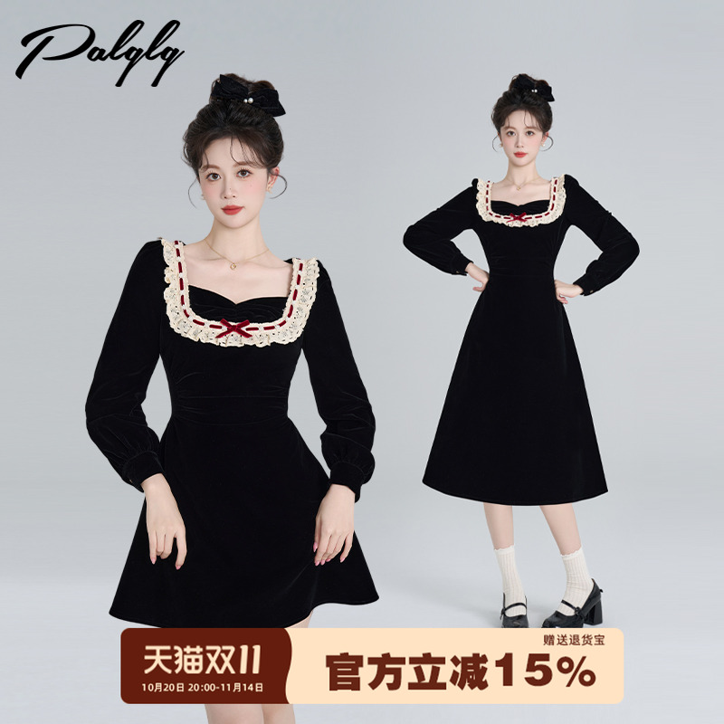 小香风拼接蕾丝黑色丝绒连衣裙女
