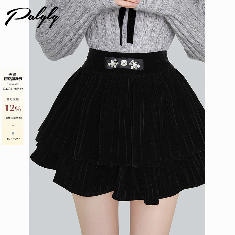 百搭高腰黑色丝绒半身裙女秋冬季新款甜美双层蓬蓬裙子小个子短裙