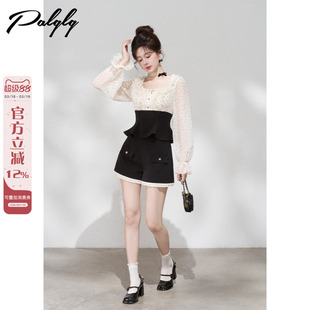 Palglg拼接木耳边方领波点雪纺衬衫女春季设计感小众绝美漂亮小衫