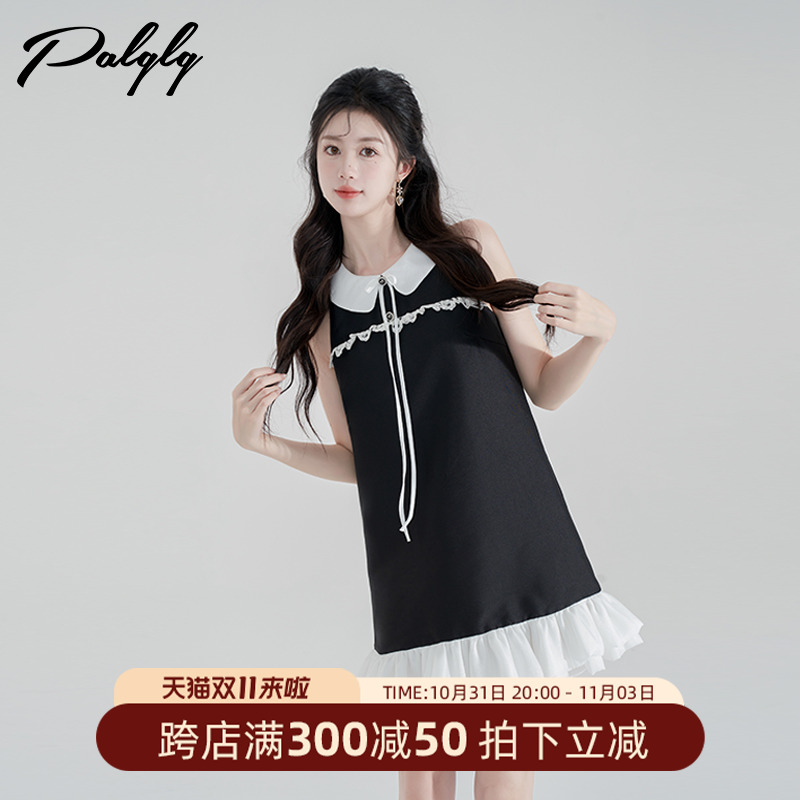 娃娃领无袖连衣裙女夏季2023新款荷叶边小黑裙气质减龄露肩短裙子
