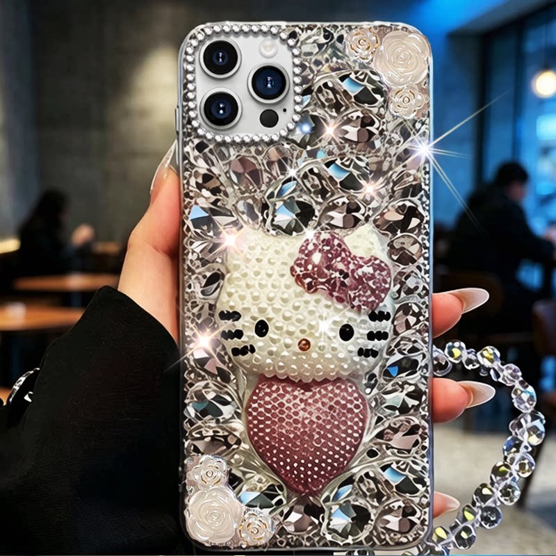 卡通猫咪镶钻适用苹果iPhone14ProMax手机壳外壳SE(第三代)满钻17Pro防摔8水钻6奢华14全包7Plus软壳15秋冬15