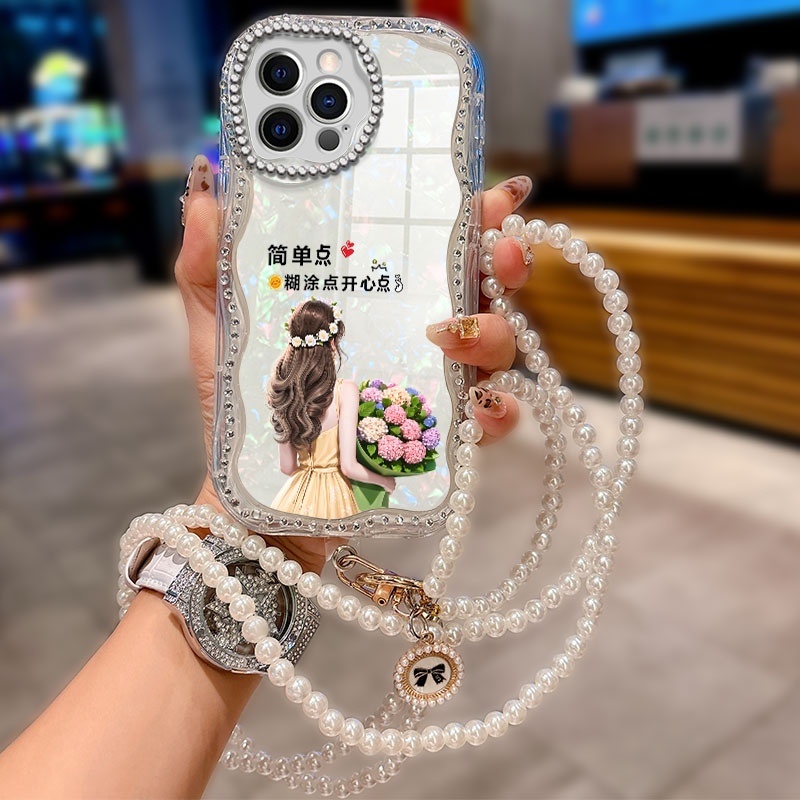 斜跨镶钻水钻贝壳适用苹果iPhone16ProMax手机壳高级感12Mini水钻6plus简约14Pro全包16E保护套14防摔14Pro