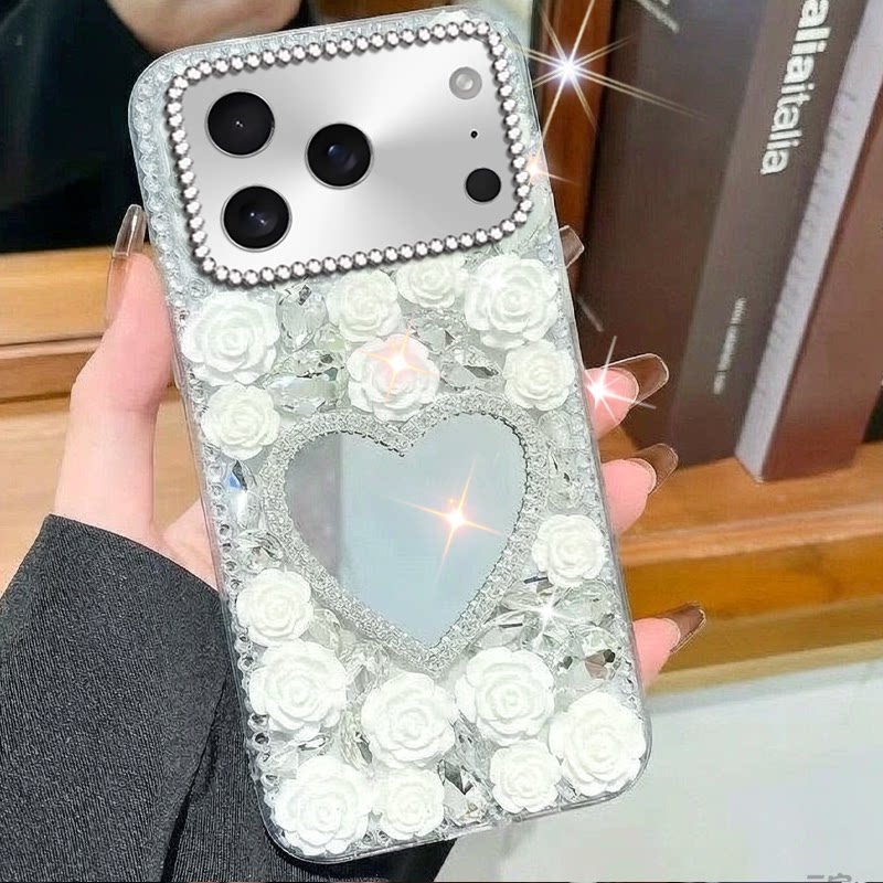 高级感镶钻玫瑰化妆镜适用苹果iPhone17Promax手机壳新品12水钻13女生6SPLus新款Air保护套XS软壳17Pro外壳