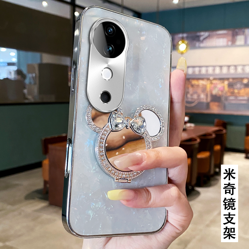 卡通贝壳镜子支架适用vivoS19手机壳网红9S新款S16外壳S10高级感S15PRO保护套S50女款9/2025年S10e全包S20