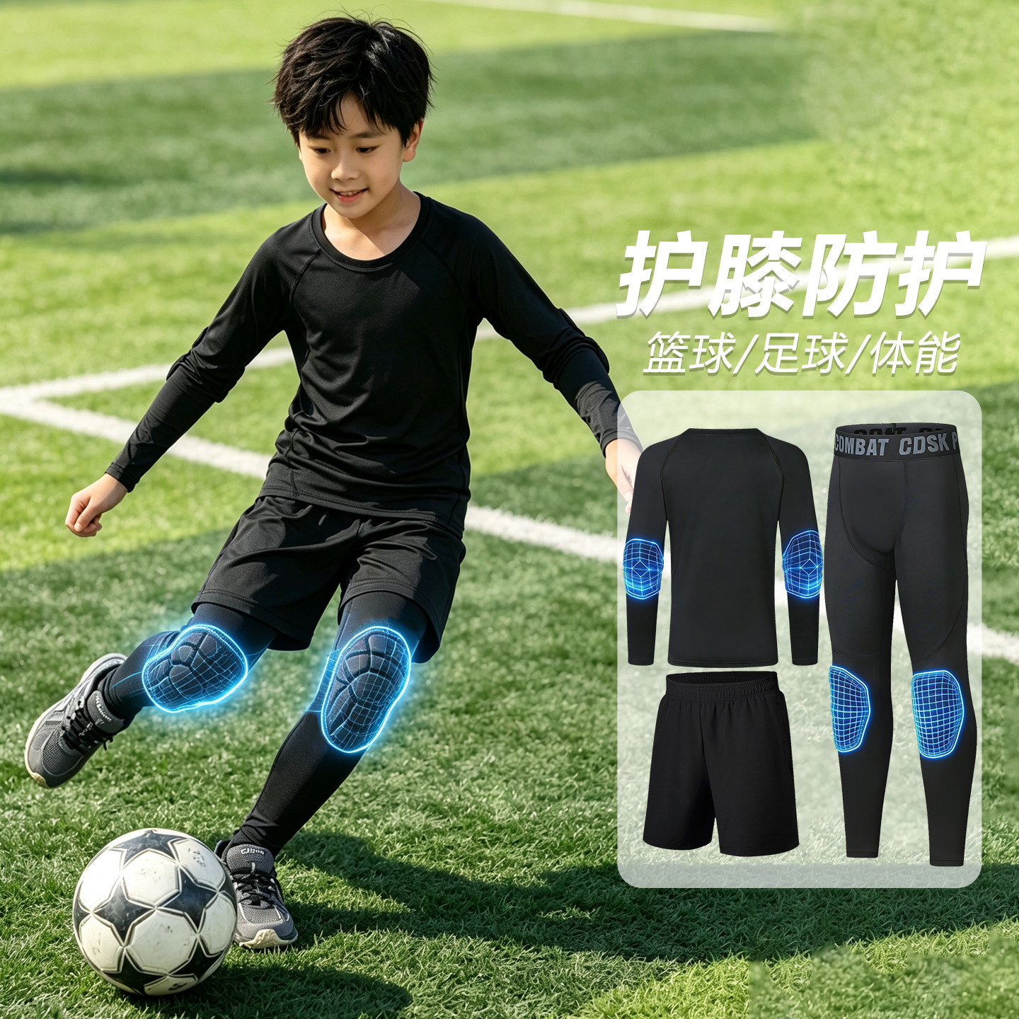 儿童运动套装男童速干紧身健身服防摔防撞护肘护膝篮球足球训练服