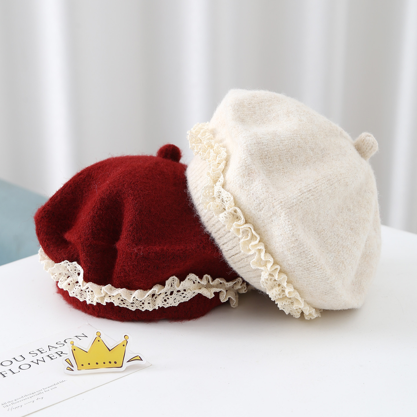 宝宝帽子秋冬季韩版洋气蕾丝花边女宝贝雷帽保暖婴幼儿针织画家帽