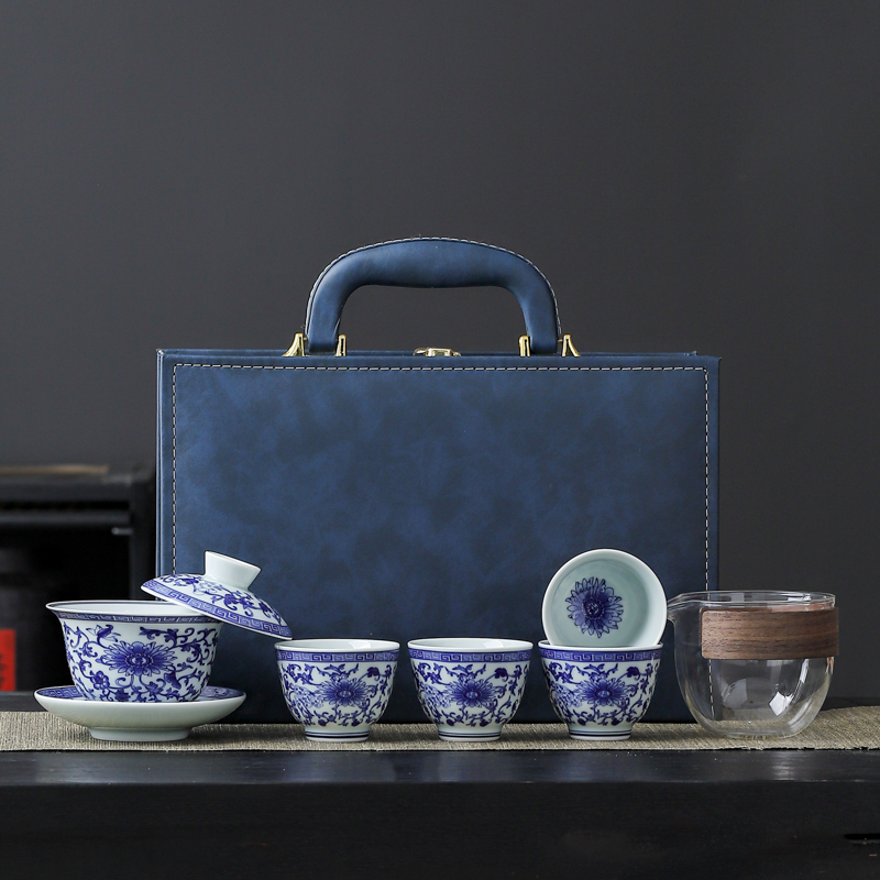 釉中彩青花瓷盖碗四杯小套装悬停可旋转三才茶碗节日送礼茶具礼品