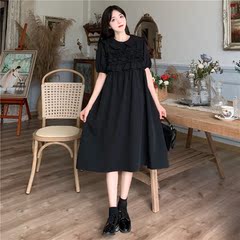 Real price ~ summer new Korean retro age reducing baby collar long skirt with ear edge solid short sleeve dress