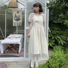 Real price ~ New Korean minority court style bowknot Polka Dot short sleeve dress 2-piece set